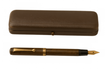 Vintage fountain pen featuring golden accents, polished wooden barrel, resting beside elegant leather case against transparent backdrop, highlighting writing elegance