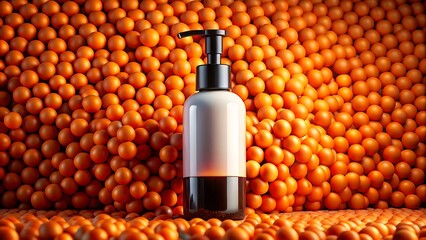 A white and black cosmetic dispenser bottle with a pump sits in front of a large pile of small orange spheres, suggesting citrus or vitamin c