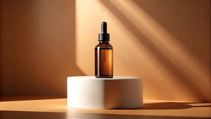 An amber glass dropper bottle of serum or oil rests on a beige podium, with warm sunlight casting dramatic shadows on the background