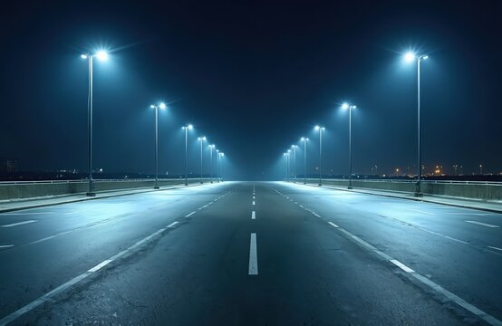 Illuminated empty highway at night. Street lights create bright blue glow along asphalt road with white lines. Dark sky background, urban infrastructure, cinematic mood for travel or safety themes.