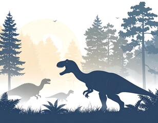 Silhouettes of dinosaurs in a misty forest at sunrise