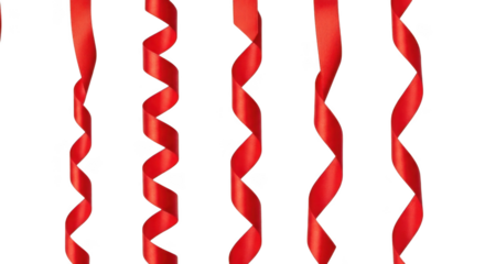 Five red curled ribbons isolated on transparent background