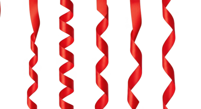 Five red curled ribbons isolated on transparent background