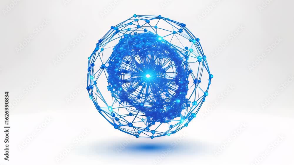 Poster dynamic rotation of a glowing blue sphere showcasing advanced technology in a minimalist setting