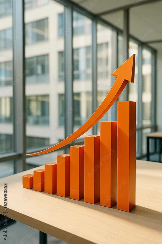 Poster an upward-pointing arrow superimposed over an orange bar graph signifies growth and progress, captur