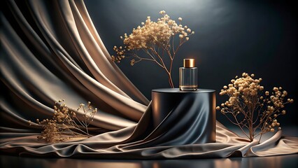 Luxury perfume bottle elegantly displayed on a dark background with silk fabric and golden flowers, exuding sophistication and glamour