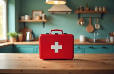 Red first aid kit rests on wooden table in cozy kitchen. Essential medical supply box with white cross ready for emergencies. Organized domestic scene features teal cabinets, warm lighting, promoting