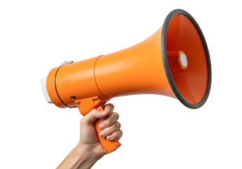 Hand holding a large orange megaphone or bullhorn to speak. Isolated on transparent background, png