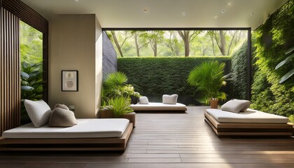 minimalist spa relaxation room with soft cushions and greenery creating serene atmosphere