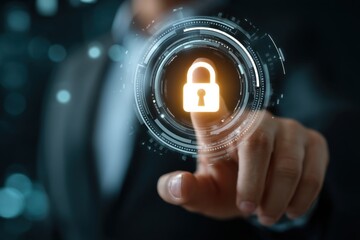 A business person analyzing a cybersecurity dashboard with a min suit holding a padlock, symbolizing secure online protection - Security