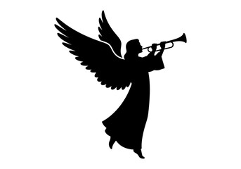 Silhouette of an angel playing a trumpet isolated on white background © AnilChandra