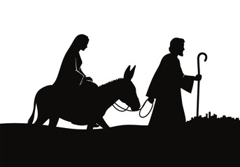 Silhouette of mary and joseph on a donkey isolated on white background