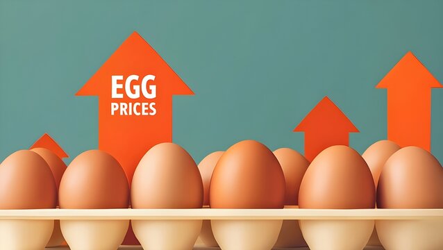 egg prices increase concept with carton of brown eggs and upward trending arrows