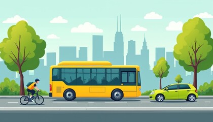 Illustration shows a yellow bus and lime green car on a city street with a cyclist. City skyline and trees form the background, suggesting eco-friendly urban transportation and sustainable mobility.