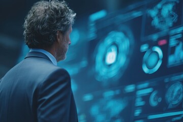A businessperson in a min suit observing a multitude of timekeeping devices on a wall, lost in thought - Time