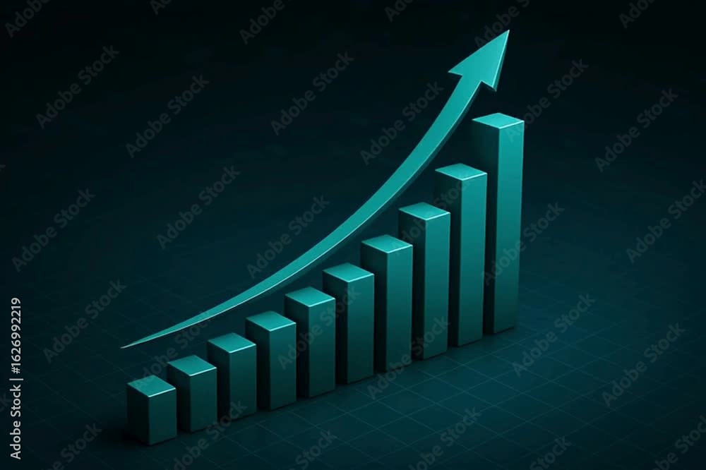 Poster a dynamic 3d bar graph illustrating an upward trend against a dark backdrop, it's a visual metaphor 