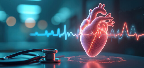 Digital visualization of human heart with glowing wireframe structure, pulsating EKG waveform. Stethoscope rests on surface, suggesting medical science, health care diagnostics. Technology, digital