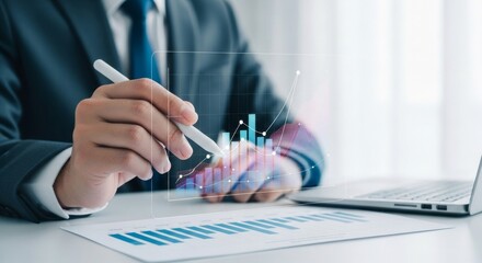 Business professional analyzes financial data with digital chart overlay.