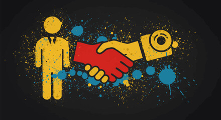 Fototapeta premium A graphic illustration of a human and a robot shaking hands. A concept for future collaboration, artificial intelligence, and technology partnership.