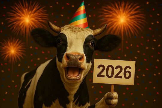 A festive cow celebrates the arrival of the year 2026, donning a party hat and holding a sign. Colorful fireworks burst in the background.