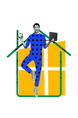 Sketch image trend 3D photo collage of young man stand balance hand hold laptop clock tine...