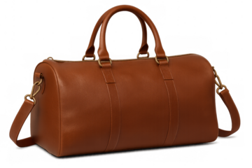 Classic brown leather travel bag with gold hardware and removable shoulder strap, perfect for weekend getaways or business trips