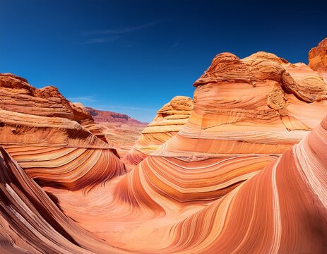 explore swirling patterns of orange and cream in a sandstone rock formation in the desert under bright daylight
