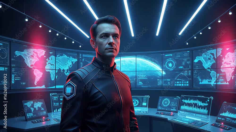 Aufkleber confident man stands in a high-tech control room with dynamic lighting and advanced technology displ