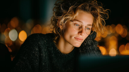 Young woman wearing glasses thoughtfully looks at screen with cozy sweater and city lights bokeh