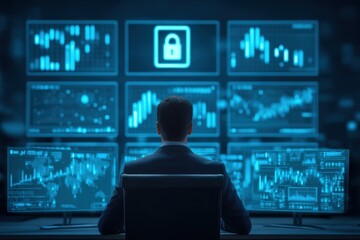 Person sitting at desk in front of multiple computer monitors in a business setting - Productivity