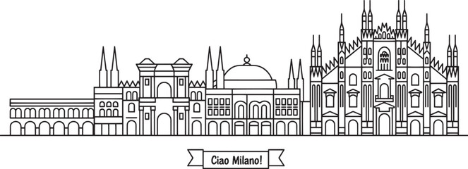 Obraz premium Ciao Milano Italy Skyline Linear Vector Illustration with Famous Landmarks and Buildings