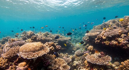 Fototapeta premium Breathtaking underwater panorama of a vibrant coral reef teeming with schools of colorful tropical fish swimming in clear turquoise ocean water.