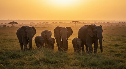 Fototapeta premium Majestic Elephant Herd Roaming the Serene African Savannah During a Golden Sunset - A Scene of Natural Beauty and Wildlife Wonder