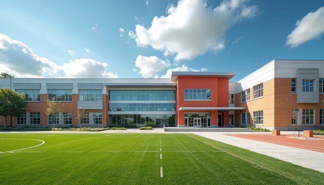Modern school building exterior features brick and orange facade with large glass windows. Outdoor sports field with green turf and running track visible under blue sky with clouds.