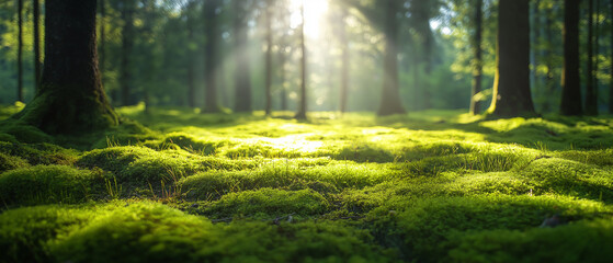 Fototapeta premium Sunlight streams through lush forest floor carpeted in vibrant green moss