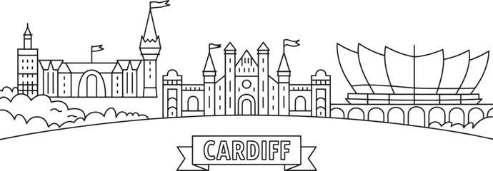 Obraz premium Detailed Line Art of Cardiff Skyline with Buildings and Landmarks Vector Illustration