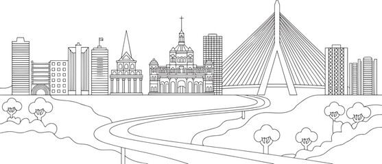 Obraz premium Detailed Line Art Skyline of a City with Modern Architecture and a Cable-Stayed Bridge Vector