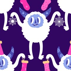 Winter monsters seamless Christmas yeti pattern for wrapping paper and fabrics