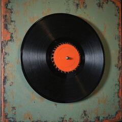 Obraz premium Close-up of black vinyl record with orange label on distressed green wall. Retro illustration style evokes 1950s music scene. Vintage album design appeals to music lovers and collectors.