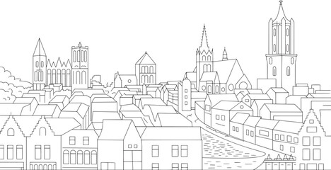 Obraz premium Detailed Linear Skyline of a European Town with Churches and Houses on a Transparent Backdrop