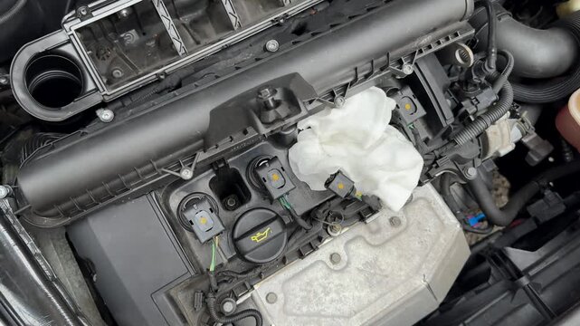 Detailed close-up video of engine cylinder head showing ignition coils during inspection 