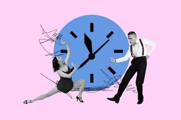 Banner full image art collage of happy business partners girl guy dance alarm clock management time...