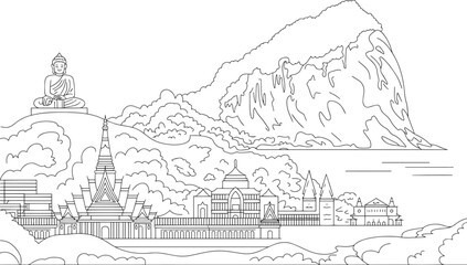 Fototapeta premium Detailed Mandalay Skyline Outline Vector Illustration Depicting Myanmar Cityscape with Landmarks