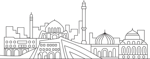 Obraz premium Detailed Outline of a Middle Eastern Cityscape Silhouette with Mosques and Modern Buildings
