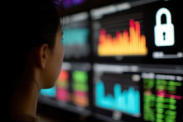 Woman intensely focused on computer screen, analyzing data from behind - Productivity