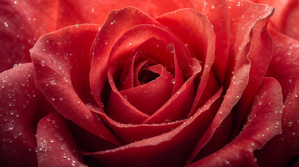A close-up of a bright red rose with delicate petals and tiny water droplets, capturing the beauty and detail of the flower.