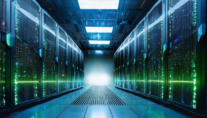 futuristic server room with glowing blue and green led lights