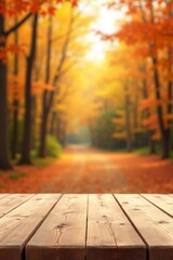 Empty rustic wooden table with blurred background of vibrant autumn forest