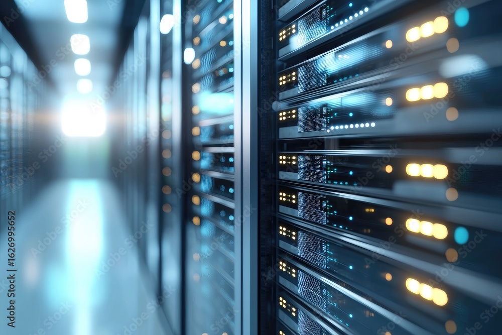 Poster modern data center aisle with glowing server racks and bright led indicators, suitable for illustrat