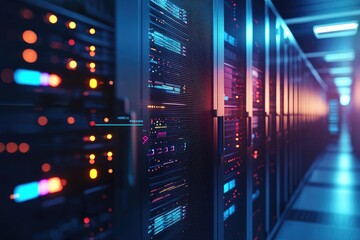 Digital server room with vibrant red and blue LED lights along secure data racks, ideal for cloud computing, cybersecurity operations, and advanced digital infrastructure